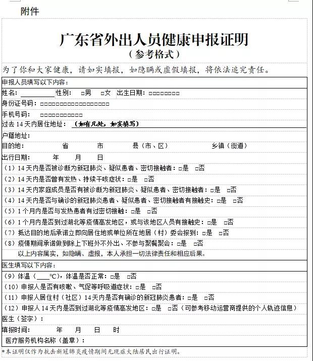 市)的人員,如目的地省(區,市)要求提供居住地出具的健康申報證明的,可